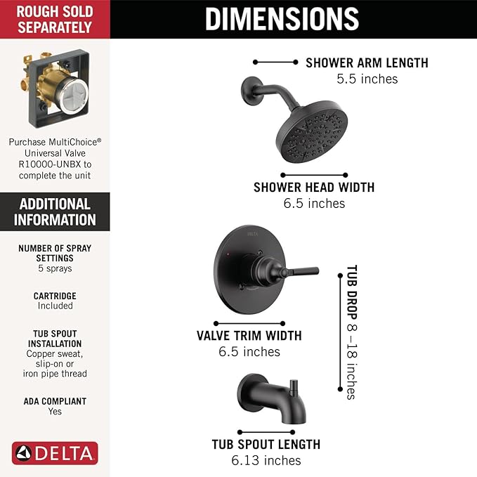 Delta Faucet Saylor 14 Series Black Tub and Shower Faucet Combo, Bathtub and Trim System, Trim Kit, Bathtub Faucet Set, Tub Faucet, Matte Black T14435-BL (Valve Not Included)