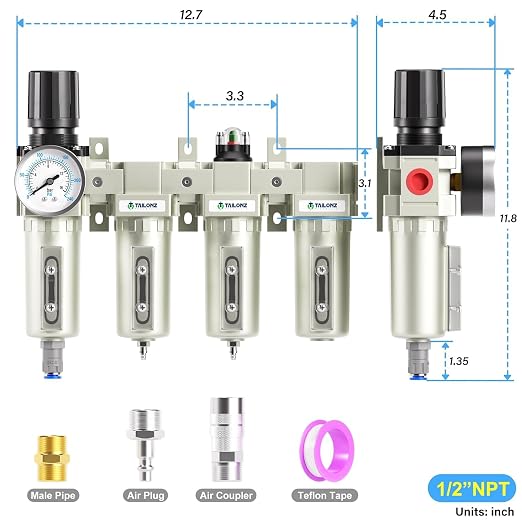 TAILONZ PNEUMATIC 1/2 Inch NPT 0-240PSI Industrial Grade 4 Stage Air Drying - Image 2