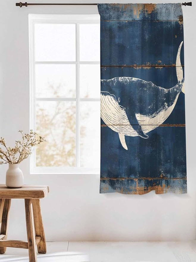 Sheer Curtains 72 Inches Long, Summer Whale Blue Semi Sheer Curtains Light - Image 3