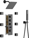 Matte Black Shower System with 6 PCS Body Jet, 8 inch Wall Mount Rain Shower Head and Handheld Shower, Digital Tempreature Display Push Button Shower Faucet Trim Kit