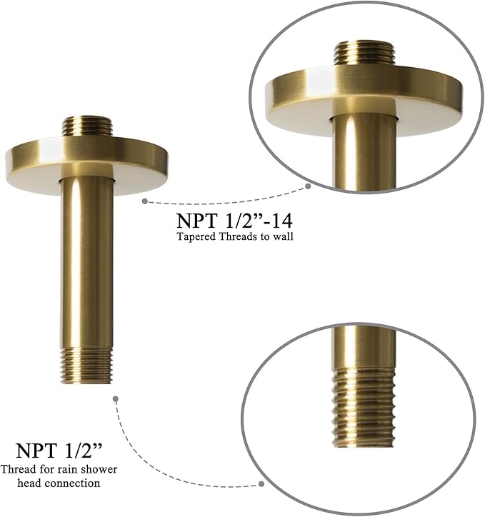 4 Inch Shower Arm with Flange, Ceiling Mounted Shower Head Extension Arm, 1/2 NPT Straight Arm for Rain Shower Head, Stainless Steel Shower Head Extension Replacement Pipe Arm, Brusheed Gold