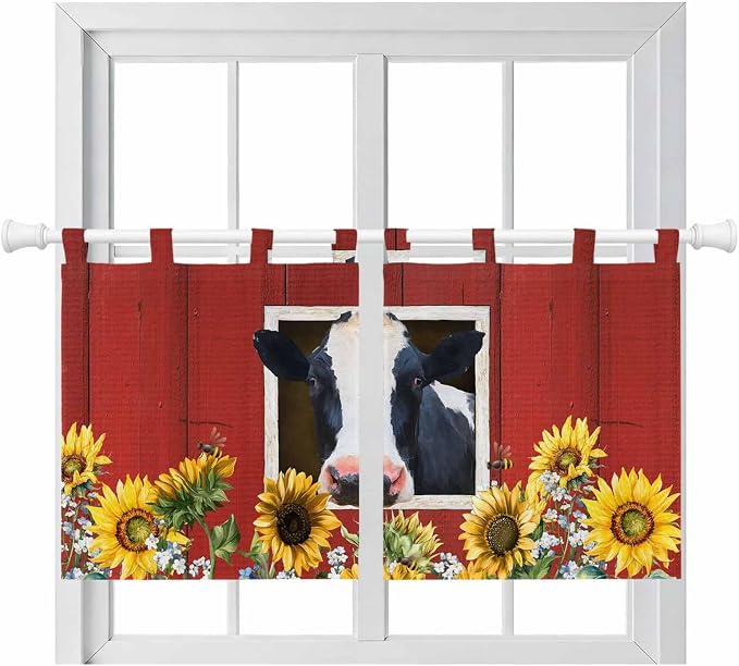 Cow Sunflowers Kitchen Curtains 36 Inch Length, Small Window Curtains Tab Top by Unknown