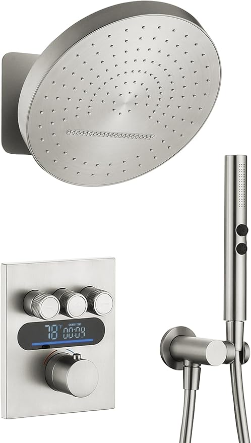 Lefton Shower System in Fahrenheit Display (Battery-free), 13” Overhead Round Rainfall Shower Head with All-in-one Handheld Spray Showerhead, 4-in-1 Control System, SSWM2501 (Brushed Nickel)