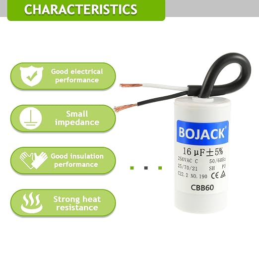 BOJACK Run Capacitor 16 uF 250V AC 16 MFD CBB60 2 Wire 50/60Hz Cylinder Motor - Image 5