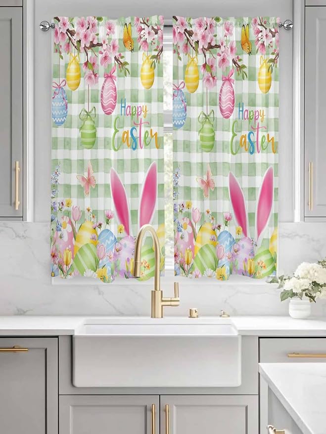 Happy Easter Bedroom Curtains 63 Inches length, Spring Bunny Eggs Flower Sage - Image 3