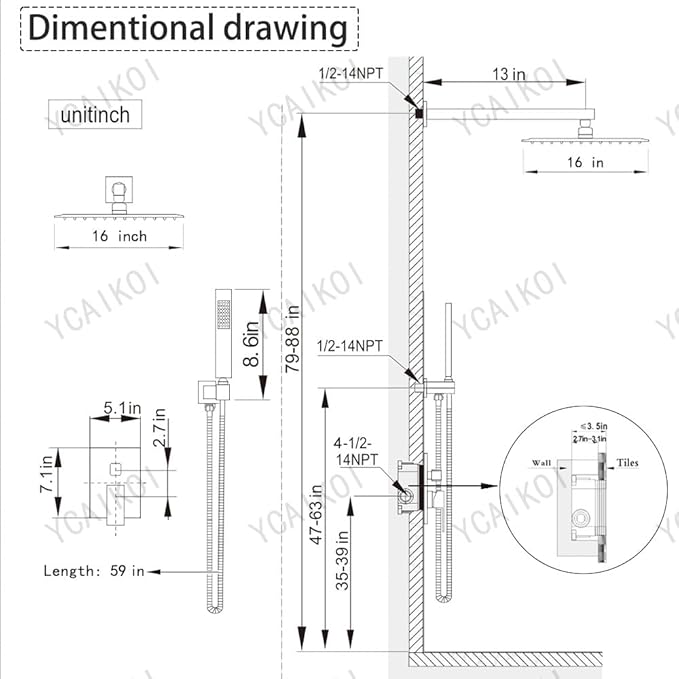 Shower Faucet Set 16 Inch Wall Mount Rain Shower System, All Metal Shower Fixtures - Brushed Gold