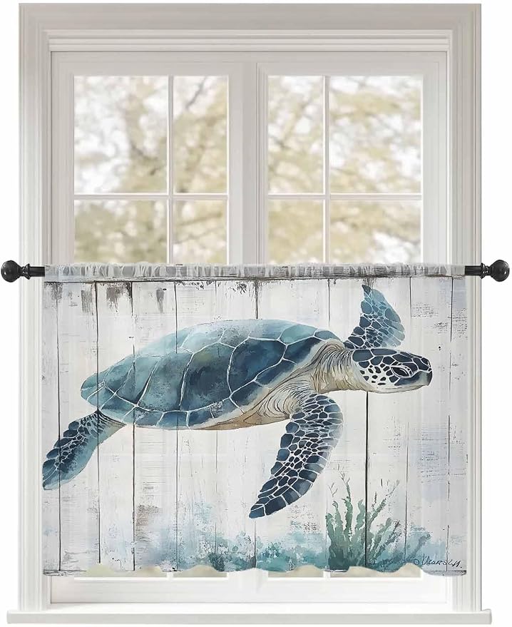 Sheer Curtains 45 Inch Length, Sea Turtle Teal Blue Semi Sheer Curtains Light by Unknown
