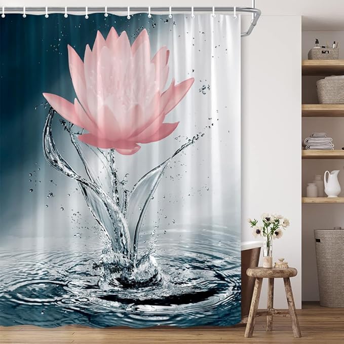 Lotus Shower Curtain Black White Blue Red Flower Elegant Blooming Floral with Dew Spring Flower Reflection on Water Modern Romantic Polyester Fabric Bathroom Decor 36×70 Inch with Hook