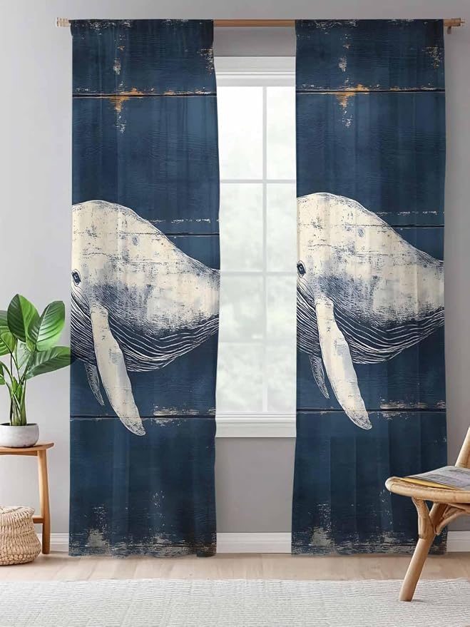 Sheer Curtains 96 Inches Long, Ocean Vintage Whale Semi Sheer Curtains Light - Image 5