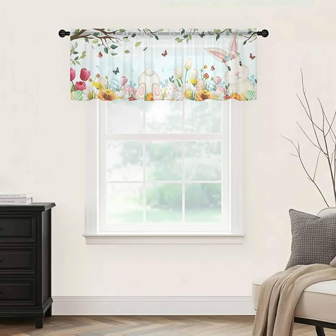 Easter Sheer Valances for Windows 60"x18", Light Filtering Kitchen Curtains - Image 9