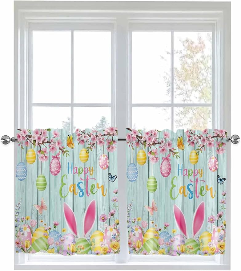 Happy Easter Half Window Curtains 24 Inches Long, Spring Bunny Eggs Flower Teal by Unknown
