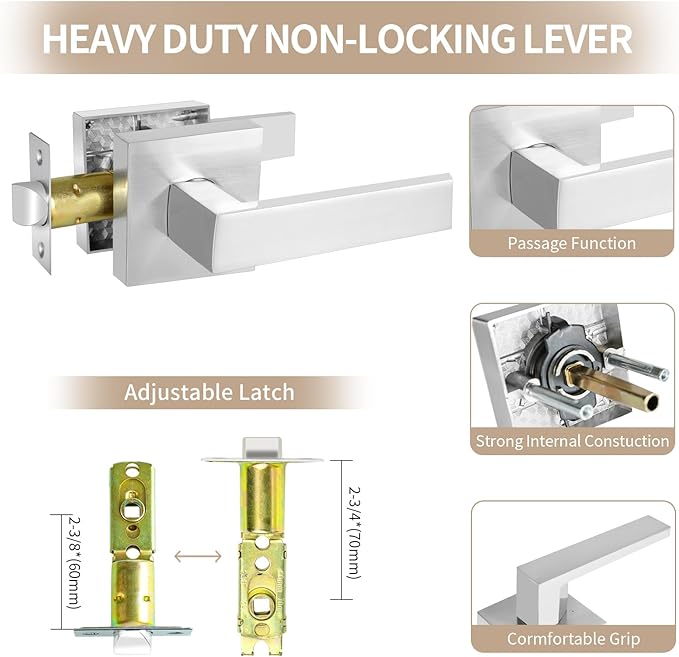 Square Passage Door Lever, Heavy Duty Interior Door Handles for Hallway& Closet Non-Locking Door Knob in Satin Nickel Keyless Door Lockset for Right & Left Side Door, 5 Pack