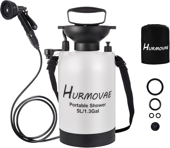 1.3 Gallon/5L Portable Shower–10 Spray Modes, Nylon Insulated Sleeve & No Electric Needed, Beach Shower for Surfing, Travel & Hiking, Portable Water Sprayer, White