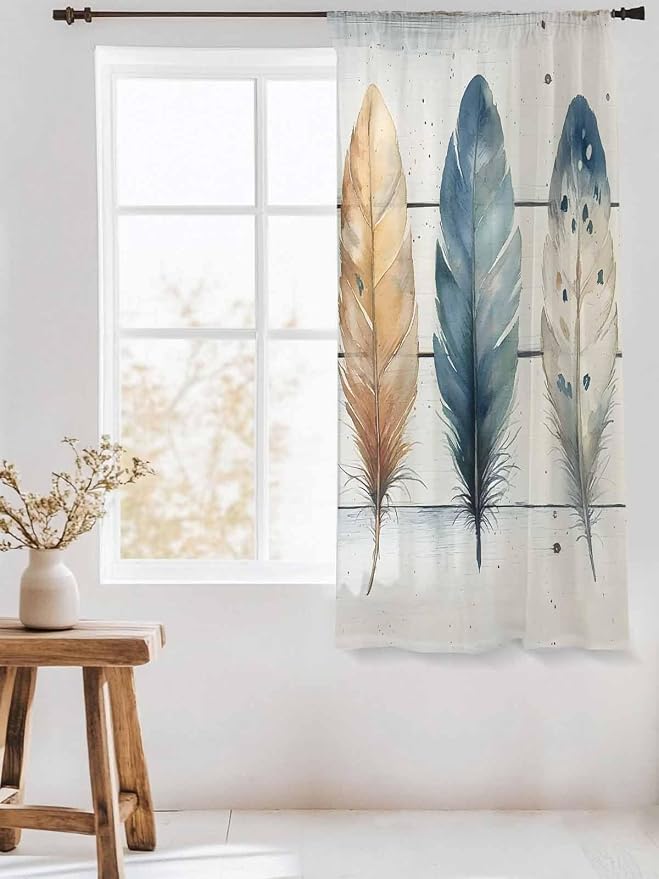 Sheer Curtains 63 Inch Length, Boho Blue Feathers Semi Sheer Curtains Light - Image 3