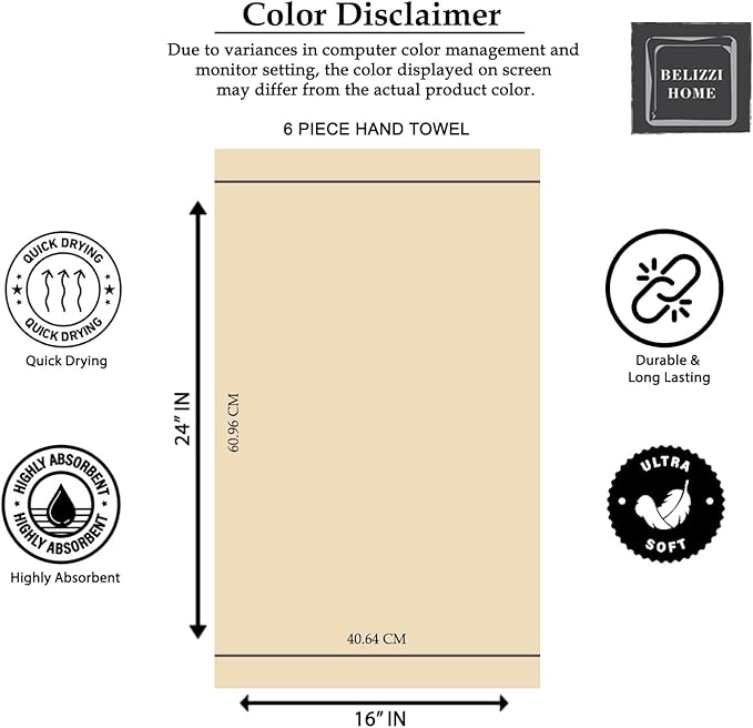 Belizzi Home Ultra Soft Cotton 6 -Piece Hand Towel Set 16x24, Ideal for use in Bathroom, Kitchen, Gym, Spa - Compact, Eco-Friendly, Lightweight - Multi Purpose Hand Towels - Tan
