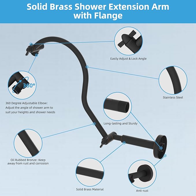 Hibbent All Metal Upgraded 18'' Shower Head Extension Arm, Shower Arm with Flange, Brass Flexible Height & Angle Adjustable Shower Extender with Lock Joint, Universal Connection, Oil Rubbed Bronze
