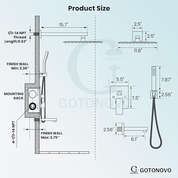 gotonovo Shower System with Tub Spout Wall Mounted Rain Shower Head and Handle Combo Shower Faucet Set with Valve, 12 Inch, Brushed Gold