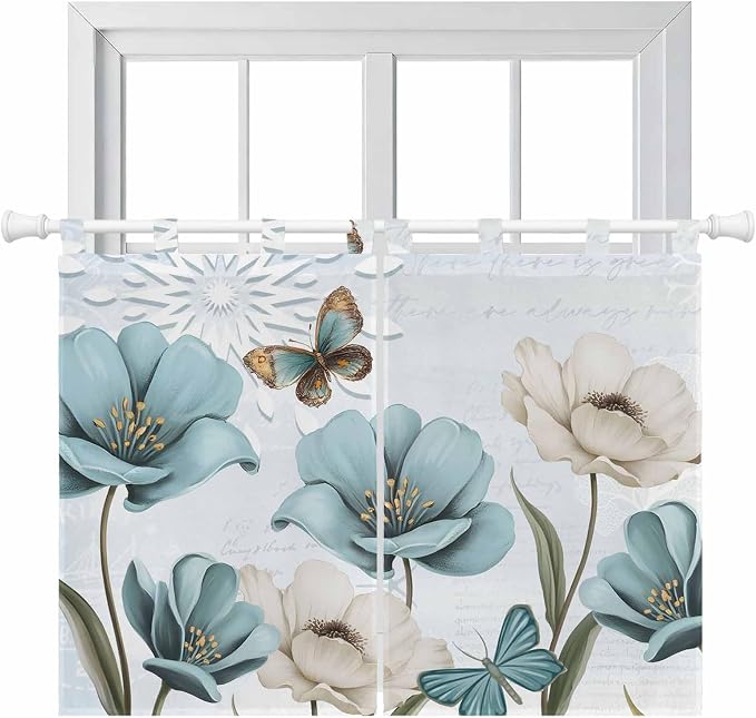 Blue Tulips Kitchen Curtains 45 Inch Length, Short Cafe Window Curtains Tab Top by Unknown