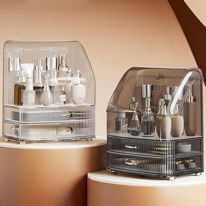 Makeup Organizer Countertop Vanity with Transparent Lid Drawers Waterproof Dustproof Cosmetic Skincare Bathroom Storage Gift for Women Teens Girls (Clear Black)