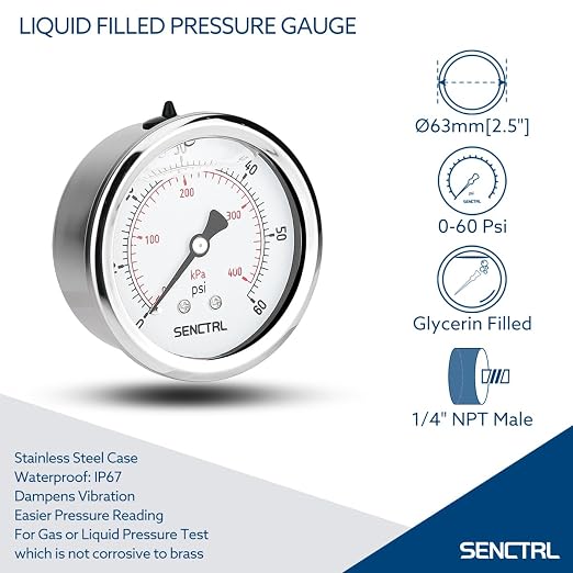 SENCTRL 0-60 Psi Glycerin Liquid Filled Low Pressure Gauge, 2.5" Dial Size - Image 2