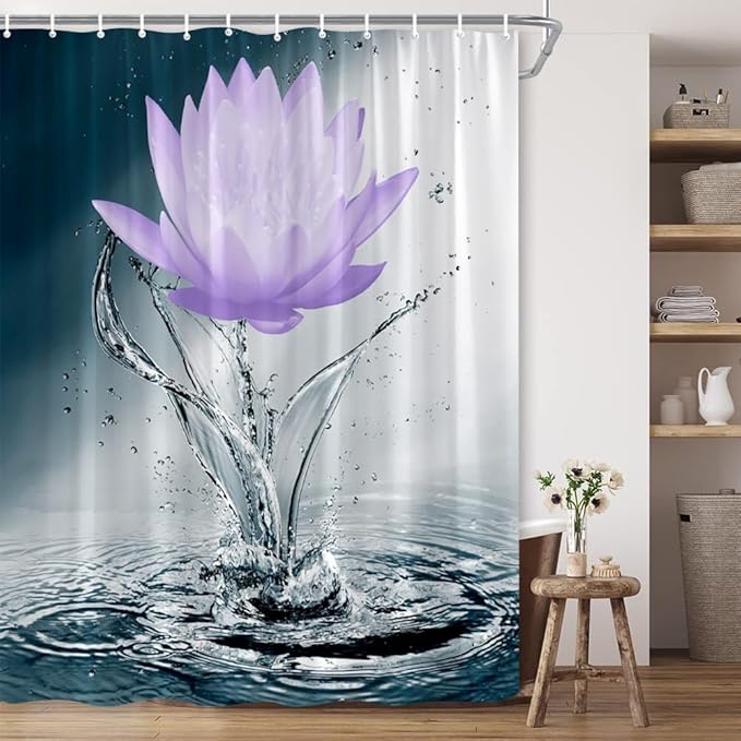 Lotus Shower Curtain Black White Blue Violet Flower Elegant Blooming Floral with Dew Spring Flower Reflection on Water Modern Romantic Polyester Fabric Bathroom Decor 70×96 Inch with Hook