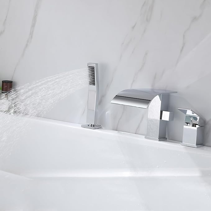 Waterfall Roman Tub Faucet with Hand Shower, Deck Mount Tub Filler Bathtub Faucet with Sprayer, Single Handle Bathtub Faucet Set, Brass Widespread 3 Hole Bathtub Shower Faucet Set, Chrome