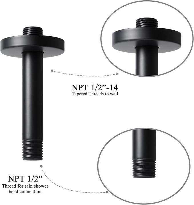 6 Inch Shower Arm with Flange, Ceiling Mounted Shower Head Extension Arm, 1/2 NPT Straight Arm for Rain Shower Head, Stainless Steel Shower Head Extension Replacement Pipe Arm,Black