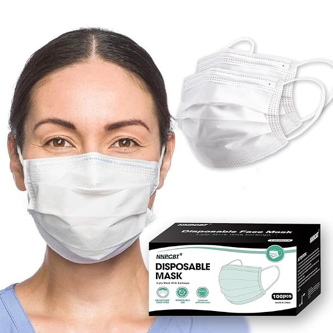 NNPCBT White Disposable Face Masks 100 Pack, 3-Ply Breathable Mask by NNPCBT