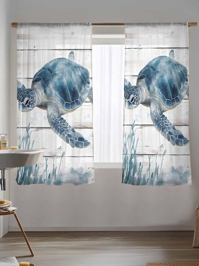 Sheer Curtains 63 Inch Length, Ocean Sea Turtle Semi Sheer Curtains Light - Image 5