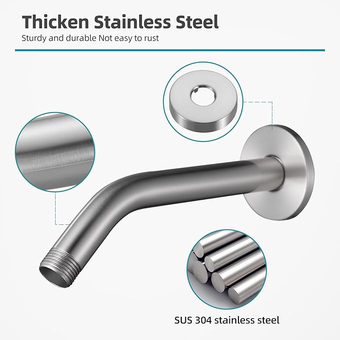 Cobbe Shower Arm with Flange and Teflon Tape, 8-Inches Wall Mounted Shower Pipe Arm 304 Stainless Steel Extension for Fixed Shower Head, Brushed Nickel