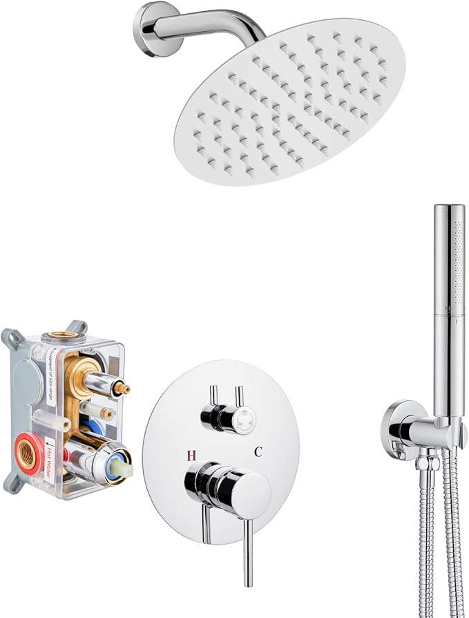 Airuida Shower Fixtures 2 Functions Shower Faucet Set Wall Mounted for Bathroom High Pressure Brass Handheld Shower with Rough-in Valve Round Rainfall 8 Inch Shower Head Chrome Polish