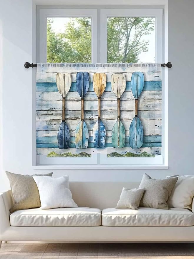 Sheer Curtains 54 Inch Length, Lake Paddle Striped Semi Sheer Curtains Light - Image 4
