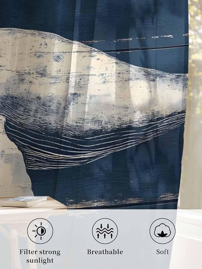 Sheer Curtains 45 Inch Length, Ocean Vintage Whale Semi Sheer Curtains Light - Image 6