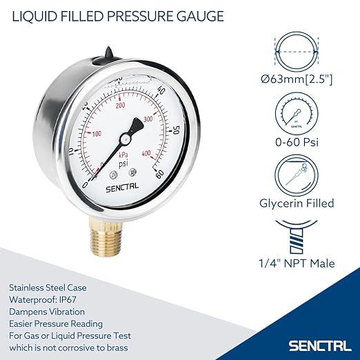 SENCTRL 60 Psi Glycerin Liquid Filled Low Pressure Gauge, 2.5" Dial Size - Image 2