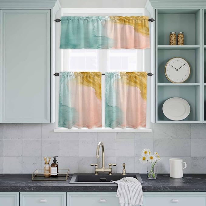 Kitchen Window Curtains Valance and Tier Set, Abstract Desert Mountains Rod - Image 8