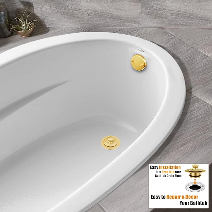 Artiwell Bath Tub Drain Trim Set Conversion Kit Assembly, with Easy Installation Lift and Turn Twist Bathdrain Stopper and Two Holes Tub Drain Overflow Faceplate, Fit Most Bath Drains, Brushed Gold