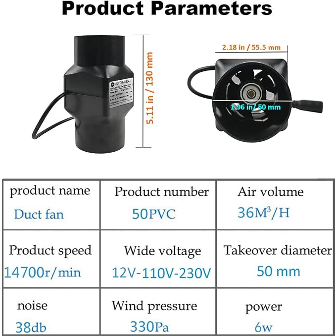 2 inch Inline Duct Fan, Adjustable Speed, 2inch-Black - Image 3