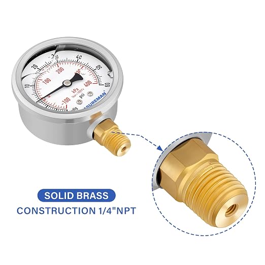 MEASUREMAN 2-1/2" Dial Size, Glycerin Filled Pressure Gauge, 30inHG-60psi - Image 5