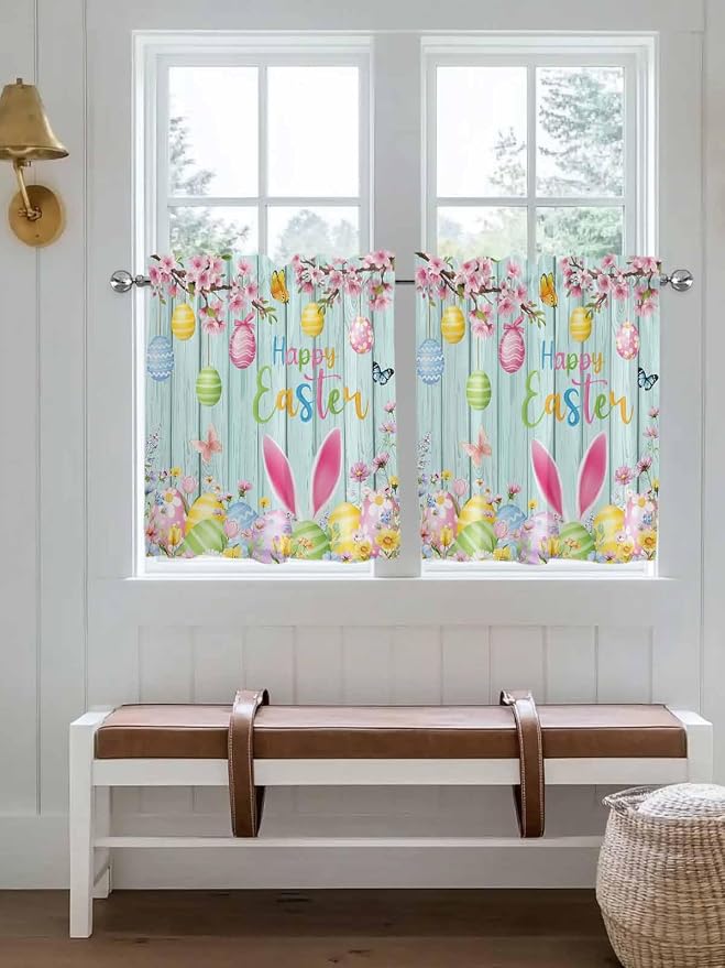 Happy Easter Half Window Curtains 24 Inches Long, Spring Bunny Eggs Flower Teal - Image 4