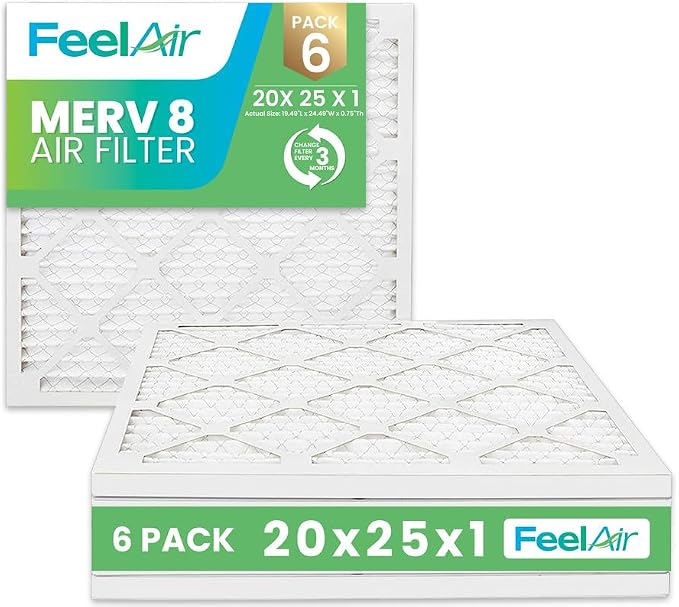 20x25x1 Air Filter, MERV 8, 6 Pack – Premium Pleated HVAC & Furnace Filter by Feelair