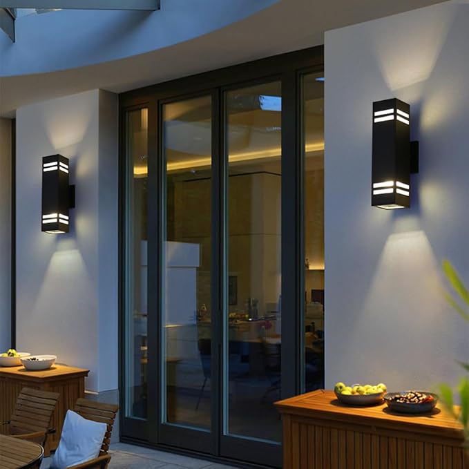 Cerdeco Aluminum Modern Outdoor Wall Light,15" Exterior Up Down Wall Sconce Light Fixture Sand Textured Black with 3-Sided Frosted Glasses [UL Listed]