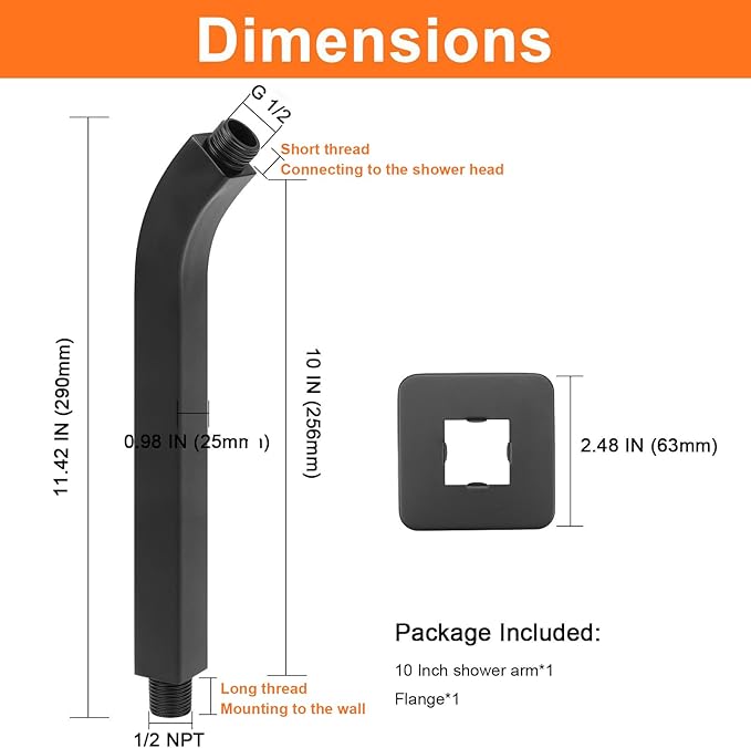 HarJue Shower Arm with Flange and Teflon Tape, Wall Mounted Square Shower Pipe 304 Stainless Steel Extension Arm for Fixed Shower Head & Handheld Shower (10 Inch, Matte Black)