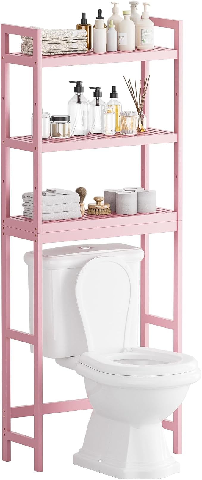 SMIBUY Bathroom Storage Shelf, Bamboo Over-The-Toilet Organizer Rack, Freestanding Toilet Space Saver with 3-Tier Adjustable Shelves (Pink)
