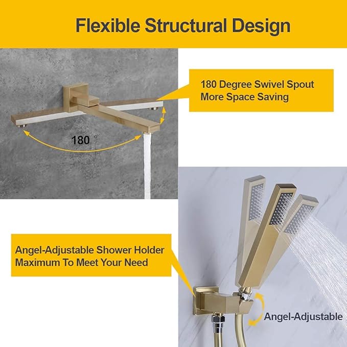 Wall Mounted Bathtub Faucet with Handheld Shower, Solid Brass 180° Swivel Bathroom Tub Filler Faucet with Hand Shower Modern Single Handle Tub Faucet Set, Brushed Gold