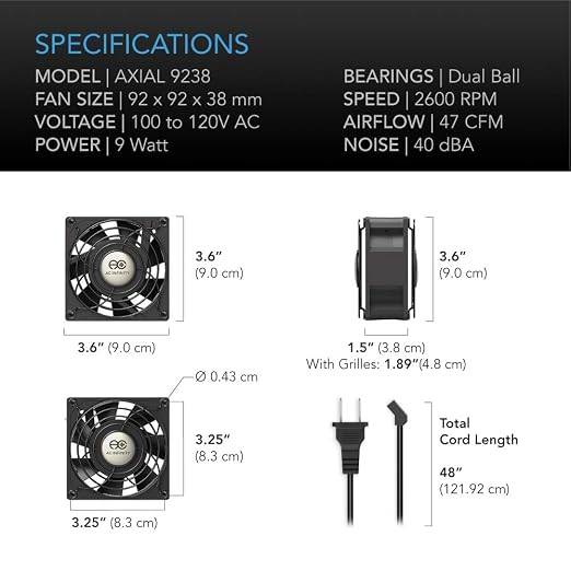 AC Infinity AXIAL 9238, Muffin Fan, 120V AC 92mm x 38mm High Speed, - Image 6