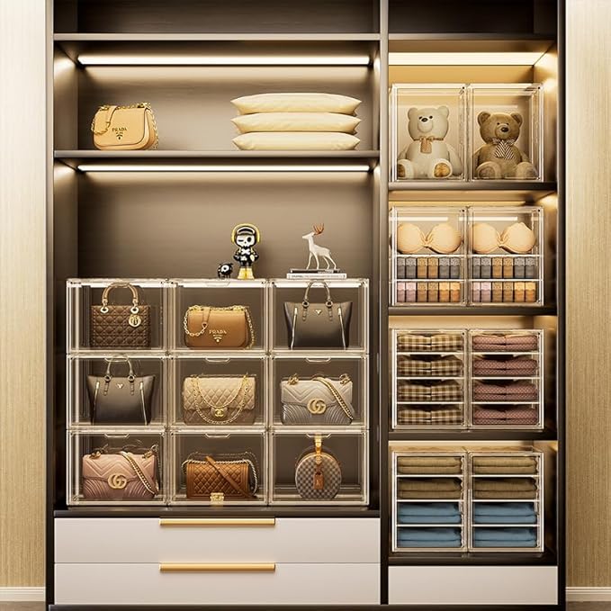X-Large 2 Tiers 14.2"X10.6"X8" Acrylic Display Case with 1 Division Board, Clear Organizer Box Plastic Holder with Magnetic Door for Loungefly Backpack, Handbags, Purses, Boots