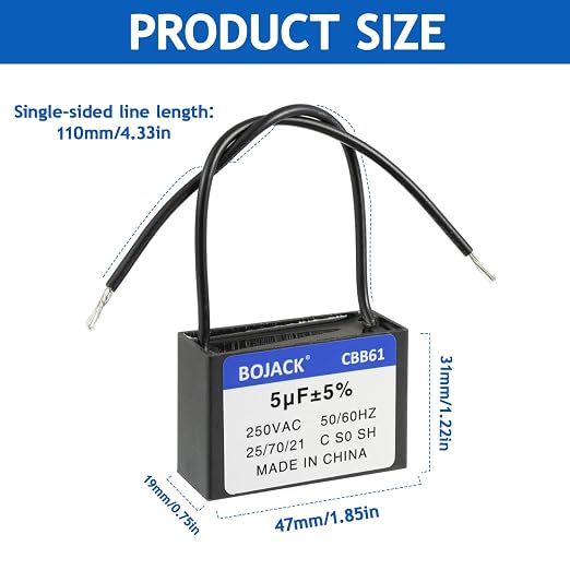 BOJACK CBB61 5uF 250V AC 2 Wires Ceiling Fan Starting Capacitor, - Image 2