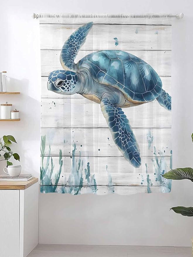 Sheer Curtains 63 Inch Length, Teal Green Ocean Turtle Semi Sheer Curtains - Image 2