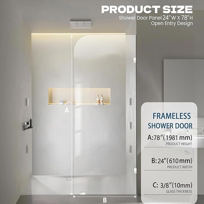 Bathroom Shower Door, 24" W ×78" H Fixed Shower Glass Panel with Clamps, 3/8" (10mm) Glass Shower Doors, Clear Tempered Frameless Shower Panel in Polished Chrome Finish