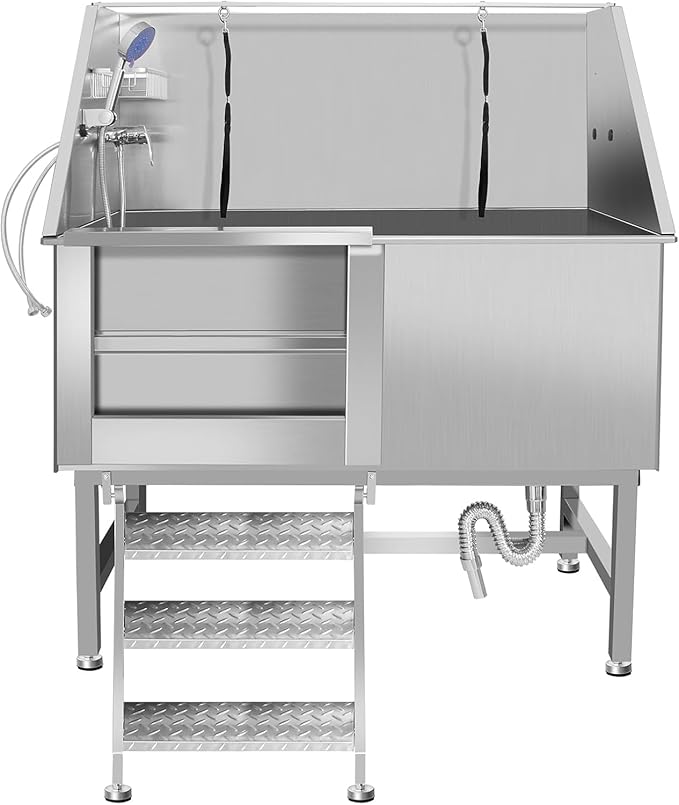 50" Professional Dog Wash Station, Stainless Steel Dog Grooming Tub for Large, Medium & Small Pets - with Anti-Slip Stairs, Drain & Door, Silver